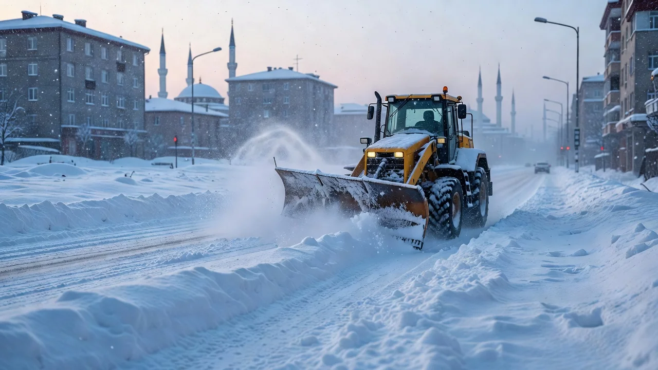 Muş kışında kar küreme çalışması yapan belediye aracı